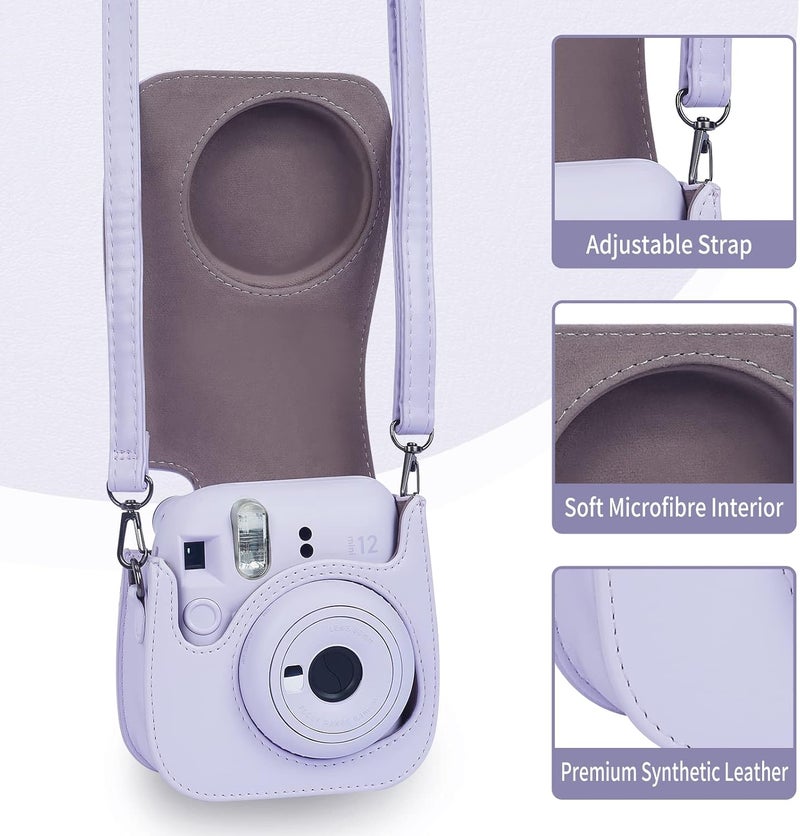 Phetium Instant mini 12 Camera Protective Case Compatible with Instax Mini 12 11,PU Leather Bag with Pocket and Adjustable Shoulder Strap (Lilac Purple) - Image 3